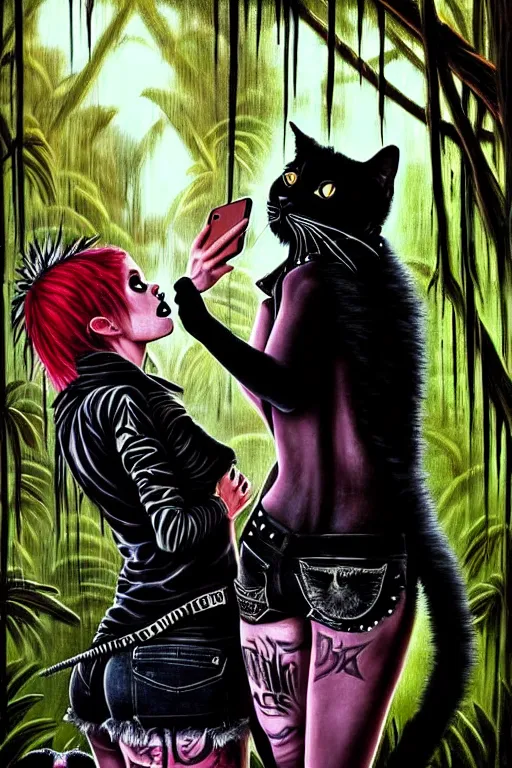 Image similar to punk rock girls kissing and making selfie with black cats in jungle , 1980 style, mad max jacket, post apocalyptic, Cyberpunk, renaissance, Gothic, mystic, highly detailed, 4k, fog, oil painting on canvas, sharp focus,, hyper realistic style, dramatic lighting, fantasy by Olga Fedorova