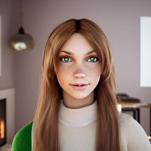 Image similar to Render of April, a cute 3D young woman, long shiny bronze brown hair, full round face, green eyes, light tan skin cute freckles, light blush, smiling softly, wearing casual clothing, interior lighting, cozy living room background, medium shot, mid-shot, hyperdetailed, hyperreal, trending on Artstation, Unreal Engine 4k