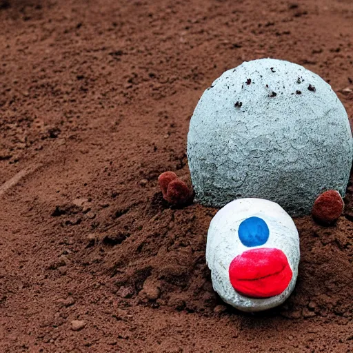 Image similar to photo of a round creature made of dirt and soil with tiny legs, with round blue eyes, a red clown nose, and a cute smile