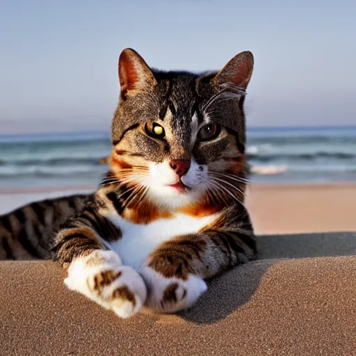 Image similar to realistic photo of an anthropomorphic cat chilling out on the beach