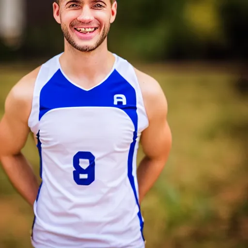 Image similar to a photographic portrait of a young Caucasian man smiling with short brown hair that sticks up in the front, blue eyes, groomed eyebrows, tapered hairline, sharp jawline, wearing a purple white volleyball jersey, sigma 85mm f/1.4, 15mm, 35mm, 4k, high resolution, 4k, 8k, hd, full color