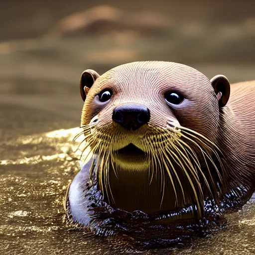 Image similar to a river otter with gold, expression, photo realistic, dramatic cinematic lighting, octane render, 4k, ultra detailed