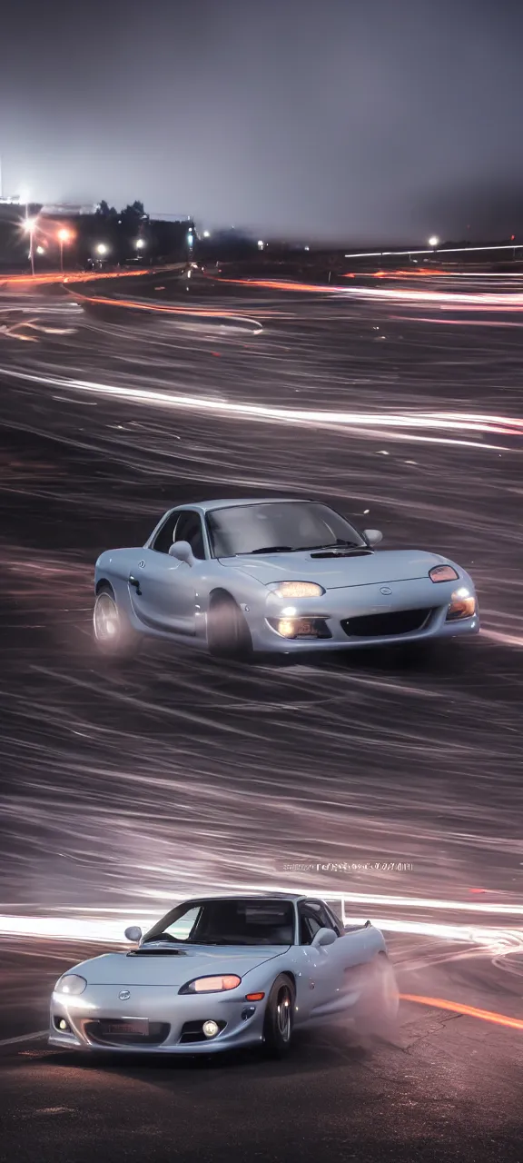 Image similar to a jdm mazda rx - 7 on a highway, cinematic, long exposure, white balance, 8 k, led, lumen global illumination, fog, ray tracing reflections