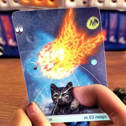 Image similar to a magic the gathering card of a kitten blowing up a planet