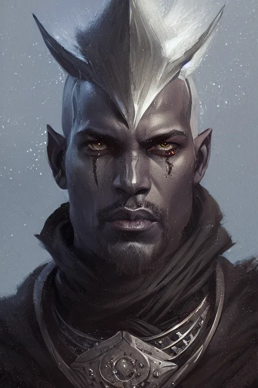 Image similar to head and shoulders portrait of an eldrich knight, drow, dark elf, shadar kai, male, high fantasy, d & d, by greg rutkowski, face details, extremely detailed, digital illustration