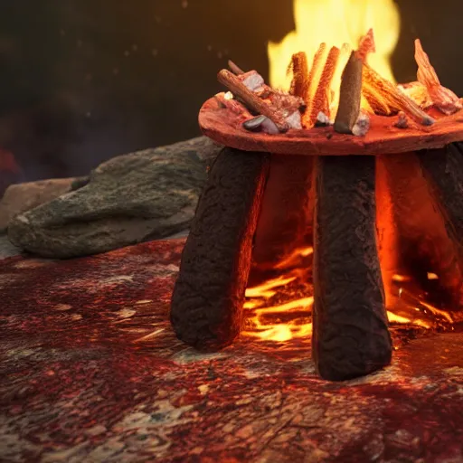 Image similar to a birthday cake with a camp fire on top, photography, photorealistic, concept art, octane render, unreal engine 5, highly detailed, high quality, 8 k, soft lighting,