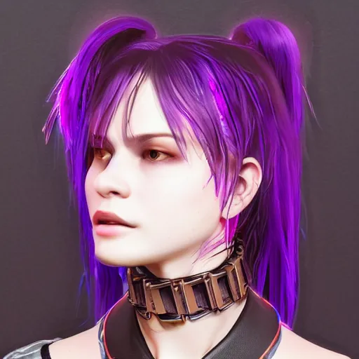 Image similar to headshot artwork of a cyberpunk woman wearing thick steel choker around neck, 4K, detailed face, collar on neck, realistic, artstation, neon purple,