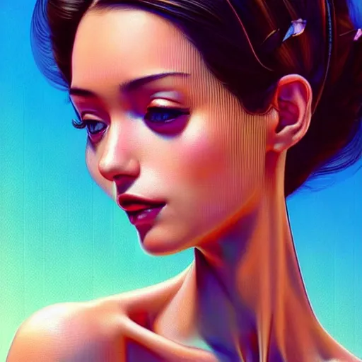 Image similar to a beautiful skinny latina wearing fashionable dress with head tilted back, focus close on eyes realistic skin texture, eighties holographic art by ilya kuvshinov lois van baarle ross tran range murata artgerm katsuhiro otomo norman rockwell, highly detailed intricately sharp focus, bedroom eyes trending on pinterest vogue italia unreal engine 5, 4 k uhd image