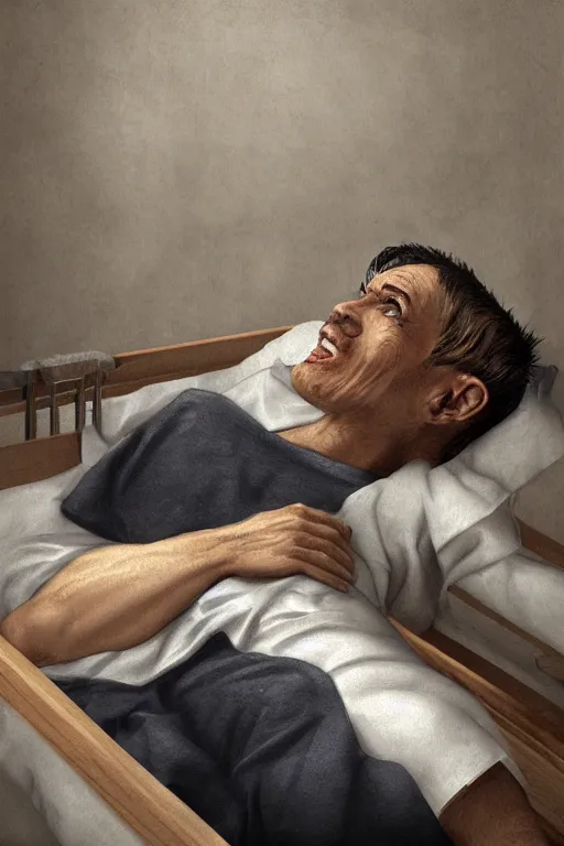 Image similar to digital portrait of mentally ill man on a cot in a sanitarium by rafa sandoval and shawn coss, hyperrealistic, centered, deviantart, artgerm