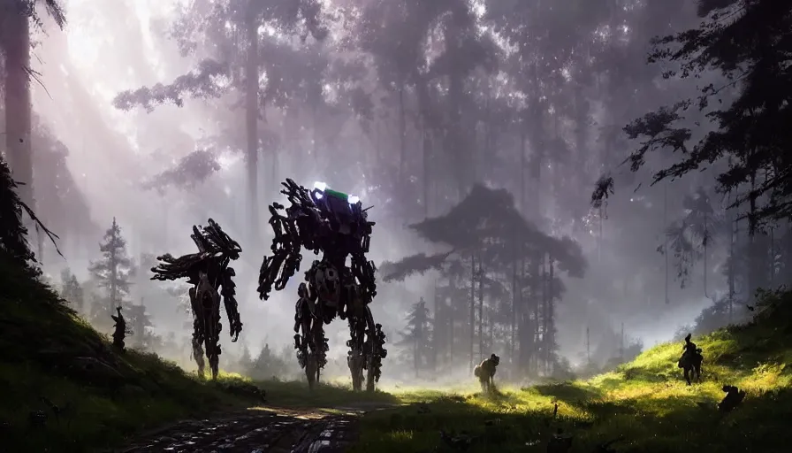 Image similar to walking mech covered in chrome armor, large shapes, horizon zero dawn aesthetic, covered in moss and birds, many large glowing lights, beautiful forests and trees, utopian landscape, bright sunlight, cinematic, concept art, art by WLOP and artgerm and greg rutkowski, trending on artstation, masterpiece.