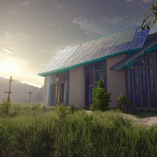 Prompt: solarpunk chapel from the outside, beautiful lighting, photorealistic, detailed, unreal engine 5