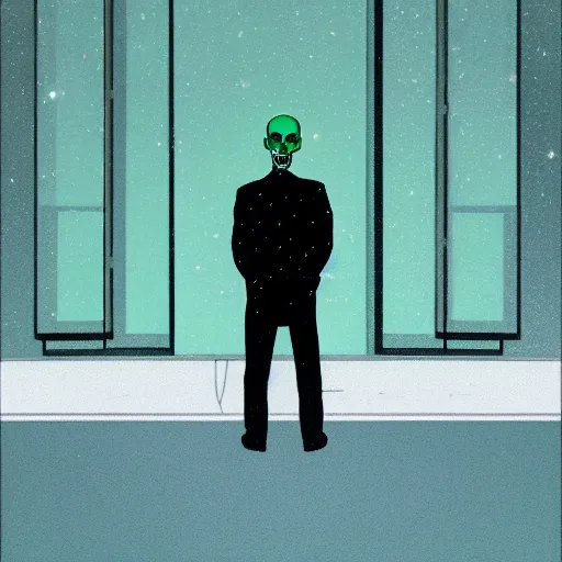 Image similar to a portrait of a lonely man with a skull as his head, green dramatic and cinematic light from the streetlight, the background is the sky full of stars, in the style of edward hopper, 4 k,