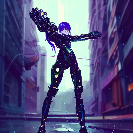 Image similar to refractions on lens, full round face, biomechanical details, beautiful cyborg girl fighting a mech in the style of arcane, cyberpunk anime art, full body shot, rain, wet street, window reflections, lens flare, wlop, ilya kuvshinov, artgerm, krenz cushart, greg rutkowski