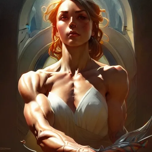 Prompt: hot , muscular upper body, D&D, fantasy, intricate, elegant, highly detailed, digital painting, artstation, concept art, smooth, sharp focus, illustration, art by artgerm and greg rutkowski and alphonse mucha