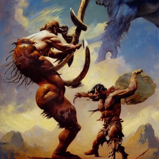 Image similar to a warrior fighting a mammoth to pretotect a girl, detailed oil painting by Frank Frazetta