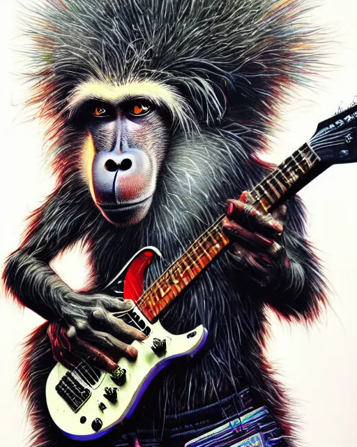 Image similar to a portrait of an anthropomorphic cyberpunk baboon shredding an electric guitar by sandra chevrier, by jon foster, detailed render, tape deck, epic composition, cybernetics, 4 k realistic, cryengine, realistic shaded lighting, sharp focus, masterpiece, by enki bilal