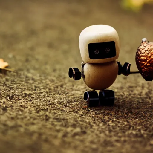 Prompt: a tiny wooden robot has fallen in love with an acorn, octane, tilt shift