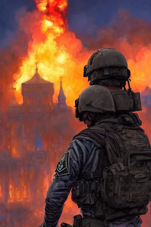 Image similar to special forces soldier with ukrainian blue and yellow patch on the foreground watching red square burn in the background, d & d, fantasy, bright atmosphere, volumetric lights, intricate, elegant, extremely detailed, digital painting, artstation, concept art, matte, smooth, sharp focus, hyper realistic, illustration, art by artgerm and greg rutkowski and alphonse mucha
