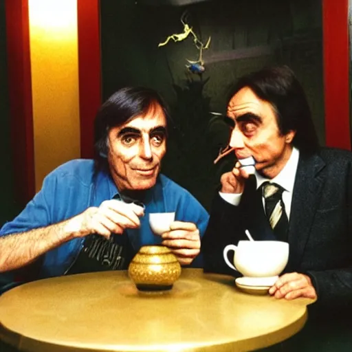 Prompt: carl sagan and alien drinking tea in a chinese tea house