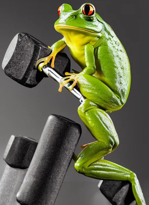 Image similar to a frog lifting weights,4k