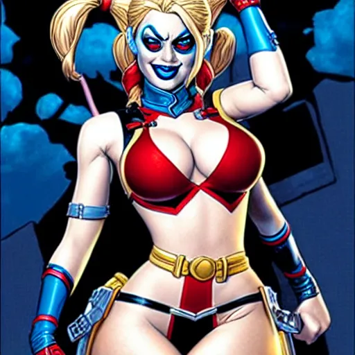 Prompt: Harley Quinn, comic portrait by J Scott Campbell, intricate details