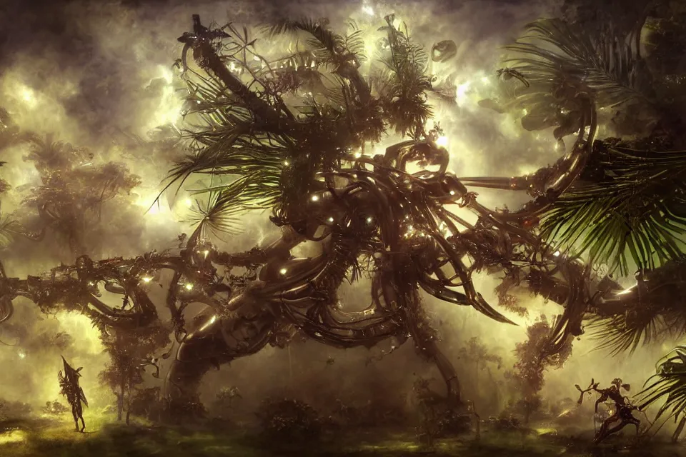 Prompt: an extreme close - up of a cyborg nymph wearing gothic helmets playing with a giant insect surrounded by saxophones, palm trees, jungle fruit, volumetric light caustics kim keever clouds of pigment smoke, by hajime soryama, boris vallejo, bouguereau