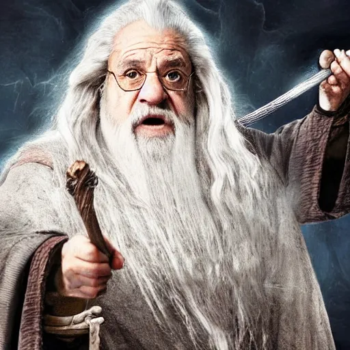 Image similar to danny devito starring as gandalf the white in the 2 0 2 4 lord of the rings movie, full body, hyper realistic, high quality, wide angle