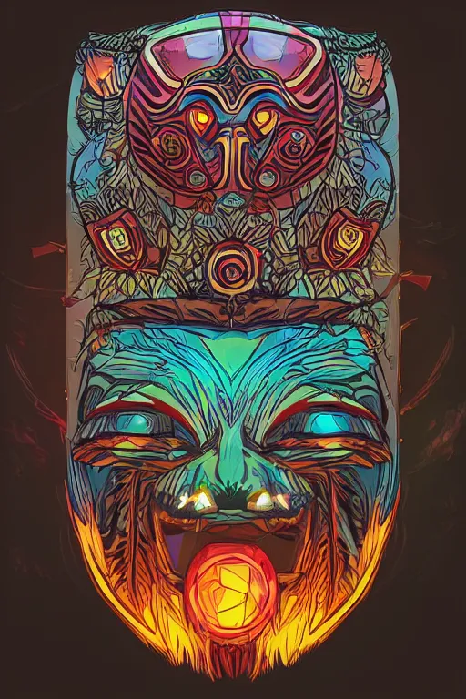 Image similar to totem animal mask tribal feather gemstone plant wood rock shaman vodoo video game vector illustration vivid color borderlands by josan gonzales and dan mumford radiating a glowing aura