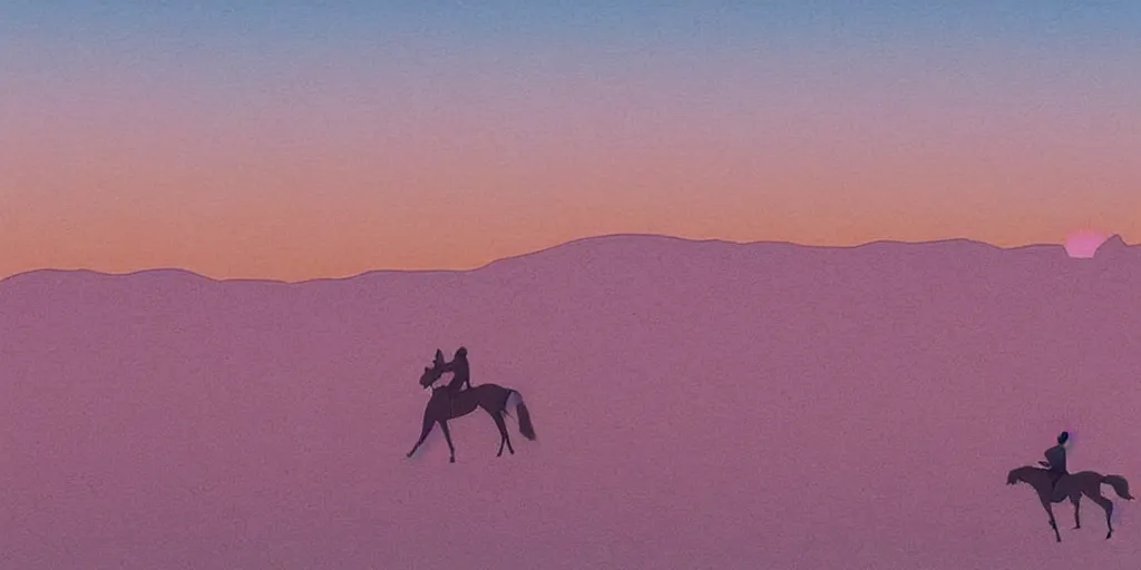 Prompt: i, cityscape view of a man riding a horse in a blue desert, pink sky, by Moebius