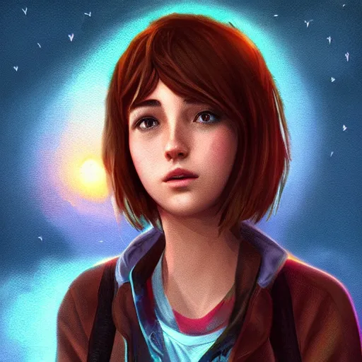 Image similar to max caulfield looking at beautiful sky at night, intricate, youth, digital painting, artstation, life is strange, edouard caplain, ue 5, highly detailed, 8 k