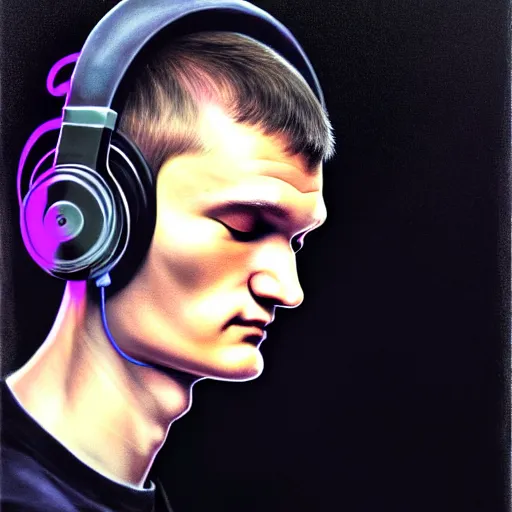 Image similar to vitalik buterin in big headphones with closed eyes listens to music with black background, wayne barlow, bao pham, donato giancola, larry elmore, masterpiece, trending on artstation, featured on pixiv, cinematic composition, beautiful lighting, sharp, details, hyper - detailed, hdr, 4 k, 8 k