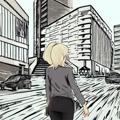 Image similar to a blonde woman with a ponytail wearing black clothes wanders through a city at night, anime