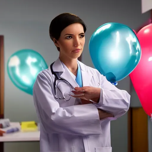 Prompt: evil doctor surgeon in hyperrealistic detailed style in a brightly lit room operating on a female patient and balloons are coming out of her abdomen