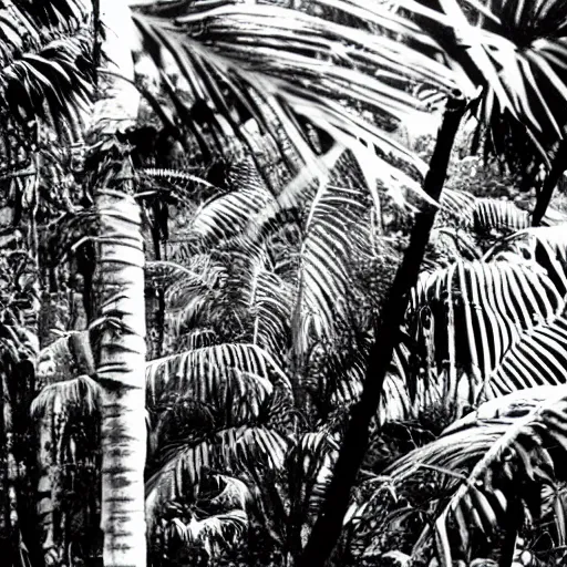 Image similar to a rizom lost film footage of a 3 d shape in the middle of the tropical jungle / shape / shape / tropicalism / tropicalism / film still / cinematic / enhanced / 1 9 2 0 s / black and white / grain