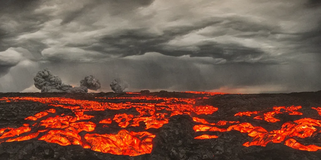 Image similar to A levitating crowd of people made from bright glowing volcanic stones floating in the air, storm clouds raining bright lava from the sky, Swelling waves, 8k photorealistic, dramatic lighting, chiaroscuro, William Eggleston