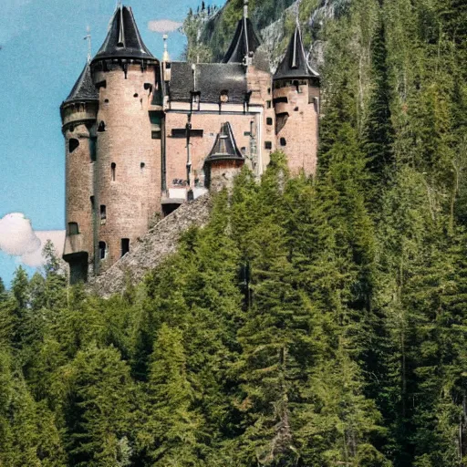 Image similar to a medieval castle on a mountainside, forested, style by wes anderson