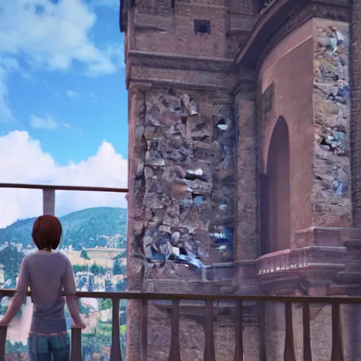 Image similar to A 3D render of Max Caulfield on the balcony of a castle