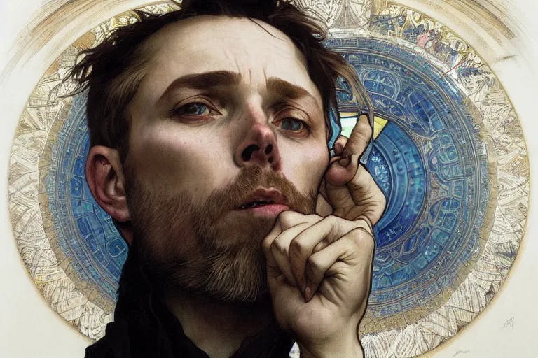 Image similar to hyper realistic portrait of thom thom thom thom singer songwriter, by lee bermejo, alphonse mucha and greg rutkowski