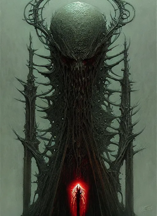 Image similar to masterpiece, infernal darkness emissary concept art, stylized, doom, elegant, majestic, epic, art by zdiszlaw beksinski, greg rutkowski, josan gonzalez, alexey egorov, biomechanical, alchemy, monogram