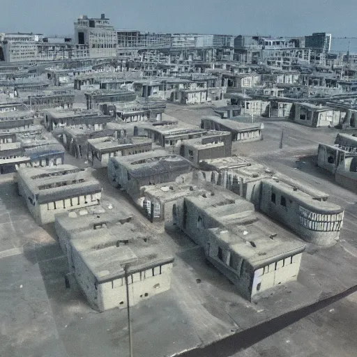 Image similar to brutalist city, prison city, totalitarian prison island, spotlights, military buildings, prison complex, colorized 1 6 mm photo