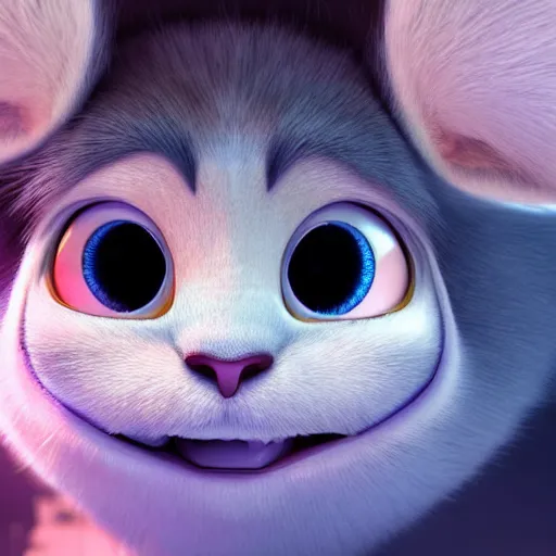 Image similar to close up portrait of a cute fluffy alien with huge reflective eyes :: fur, lots of fur, fluffy, adorable, cel shading, toon shading, disney, pixar, dreamworks, disney animation style, pixar animation style, dreamworks animation style, muted colors, dull colors, pastel colors, lots of colors, colorful