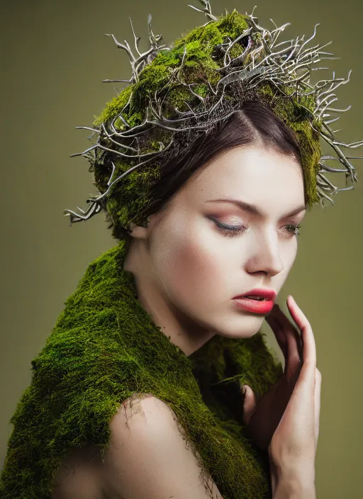 Image similar to a photo of a female model, orgnic headpiece, vines, horn, moss, fashion photography, realistic, hyperdetails, dark grey backdrop studio, tree bark and moss costume