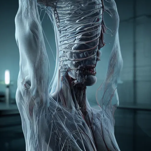 Prompt: a human - shaped anatomical ghost covered in fluid silk, ethereal, veins nerves, tendons wires, machines, highly detailed, backlit, dark atmosphere, octane render, unreal engine, photorealist, procedural light