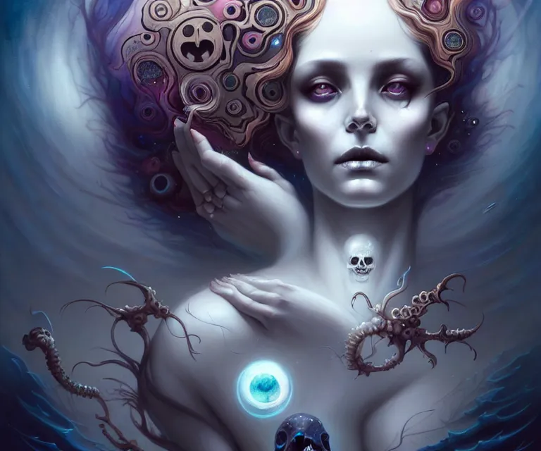 Prompt: mix media, stunning anima goddess of the void by charlie bowater and tom bagshaw, insanely detailed, artstation, psychedelic art. atoms surrounded by skulls and spirits deep under the sea, horror, sci - fi, surrealist painting, by peter mohrbacher anato finnstark