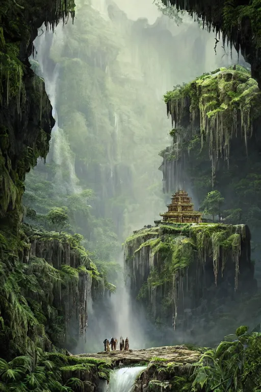 Image similar to carved into a Mountain a temple above a waterfall, arches adorned pillars, archways, gnarly trees, lush vegetation, forrest, a small stream runs beneath the waterfall, landscape, raphael lacoste, eddie mendoza, alex ross, concept art, matte painting, highly detailed, rule of thirds, dynamic lighting, cinematic, detailed, denoised, centerd