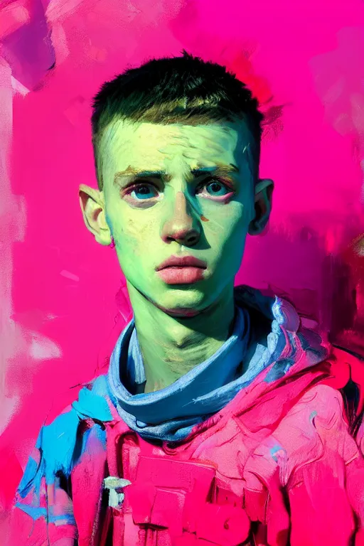Image similar to portrait of a young soldier boy nor living in a death postapoliptic world, painted in acrylic, in the colors hot pink and cyan, beautiful face, rule of thirds, complex outfit, spotlight, by greg rutkowski, by jeremy mann, by francoise nielly, by van gogh, digital painting