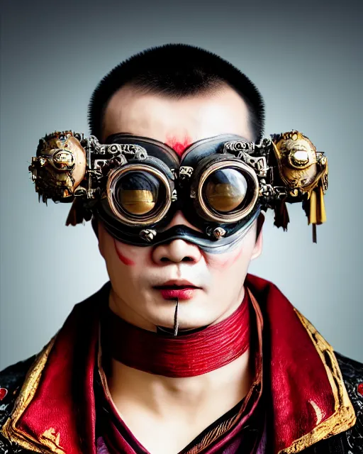 Image similar to photo of a Dramatic angry Peking Opera male character with painted face wearing MadMax style steampunk goggles and accessories in the style of stefan kostic, realistic, sharp focus, symmetric, 8k high definition, insanely detailed, intricate, elegant, art by stanley lau and artgerm, William-Adolphe Bouguereau