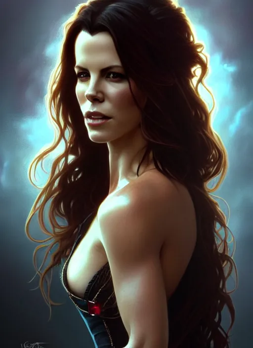 Prompt: portrait of kate beckinsale as a vampire queen, jewelry, greek, ruby, intricate, headshot, highly detailed, digital painting, artstation, concept art, sharp focus, cinematic lighting, illustration, art by artgerm and greg rutkowski, alphonse mucha, cgsociety