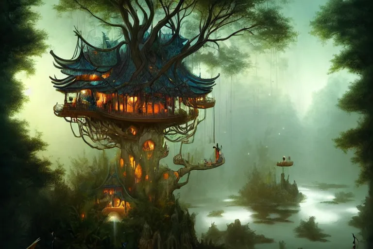 Image similar to treehouse from gaudi in a deep mystical forest , floating chinese lampoons, circular lake, waterfall, tall people walking and discussing, dynamic lighting, art by peter mohrbacher on artstation, night mood