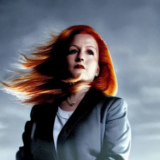 Image similar to masterpiece full body portrait of Scully from the X-Files, hair blowing in the wind, eerie fog, dramatic lighting, 8k
